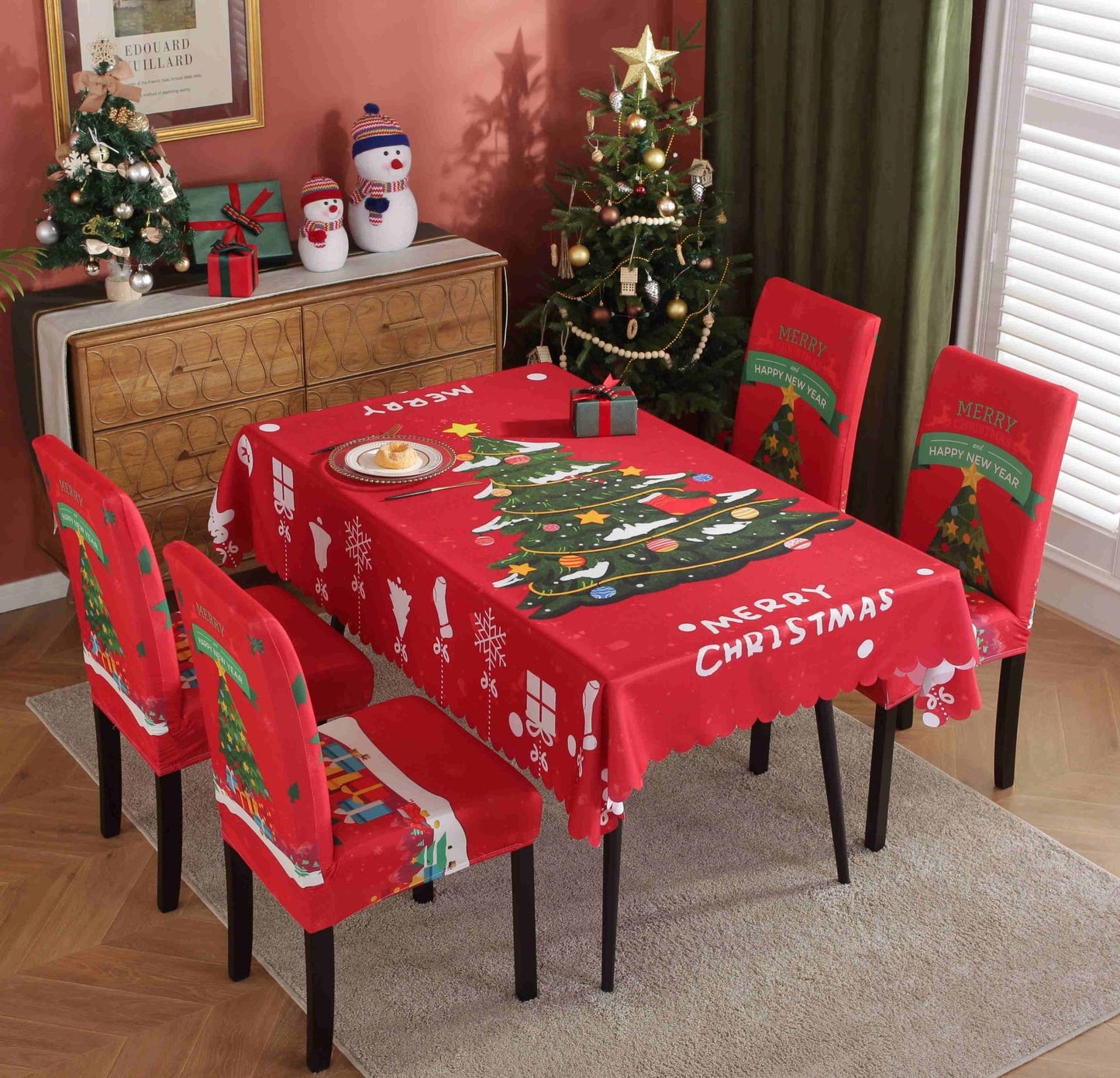 Festive Waterproof & Oil-Proof Christmas Tablecloth Set – Elegant Holiday Dining Decor with Chair Covers