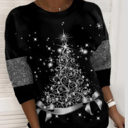 Sparkling Christmas Tree Print Loose Fit Top – Festive and Stylish Holiday Wear