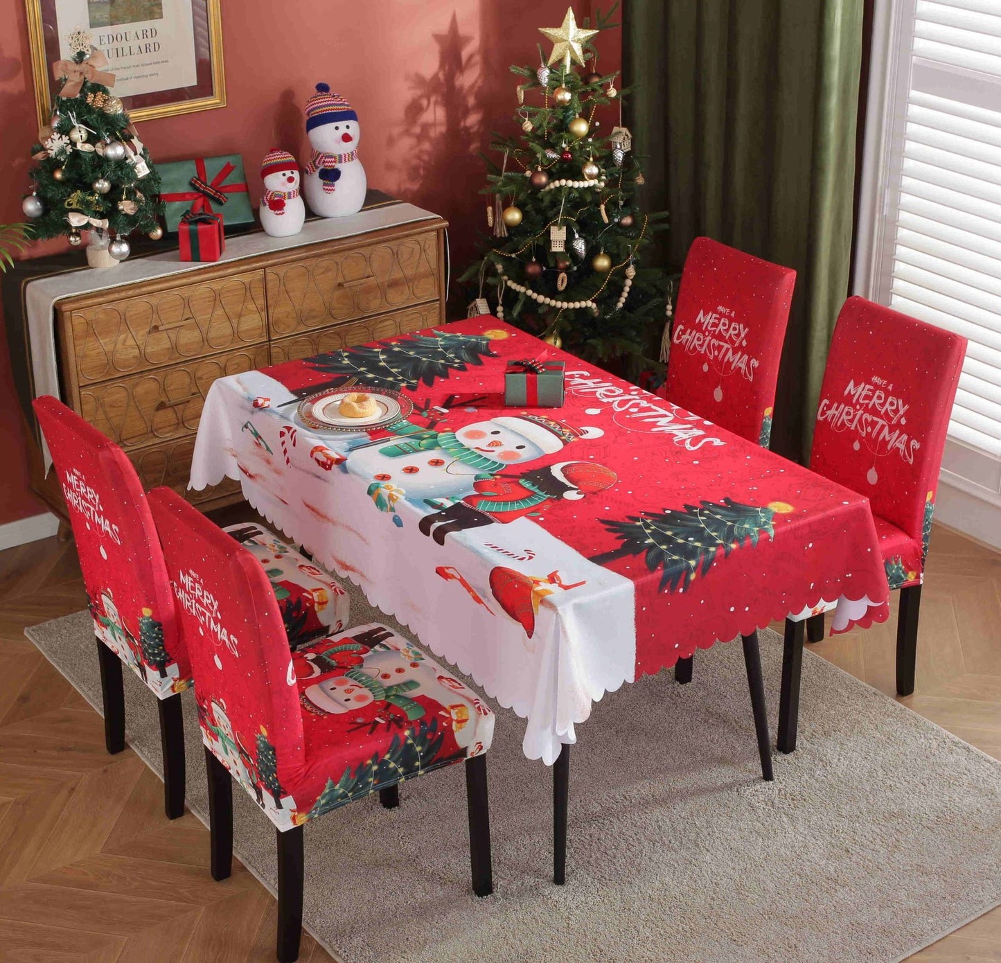 Festive Waterproof & Oil-Proof Christmas Tablecloth Set – Elegant Holiday Dining Decor with Chair Covers