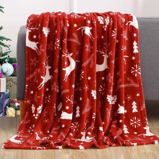 Cozy Christmas Flannel Blanket – Festive Elk, Snowman & Santa Prints for Warm Winter Nights