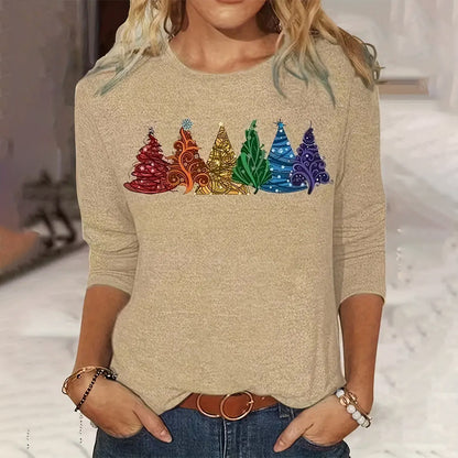 Festive Elegance: Women’s Christmas Tree Printed Long-Sleeve T-Shirt