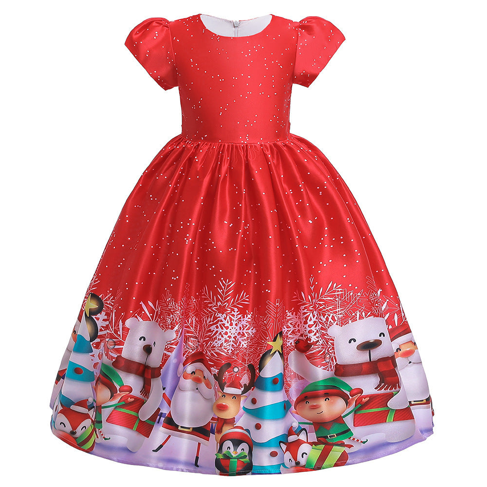 Santa Claus Print Long Dress for Girls - Holiday Charm in Every Detail