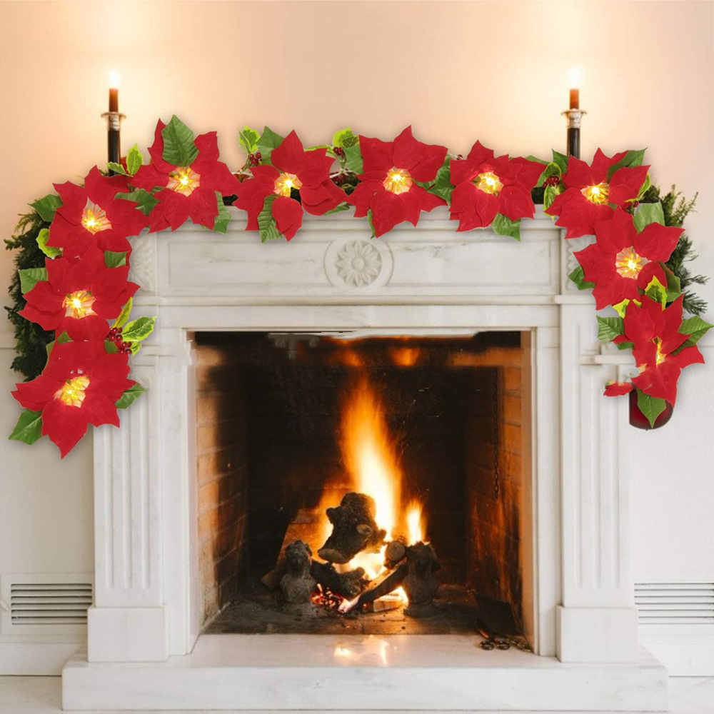 Poinsettia LED String Lights – Festive Red Flower Garland for Christmas Décor!