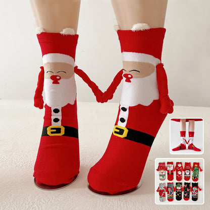 Festive Christmas Magnetic Socks – Santa Claus & Snowman Hand-Holding Socks for Couples