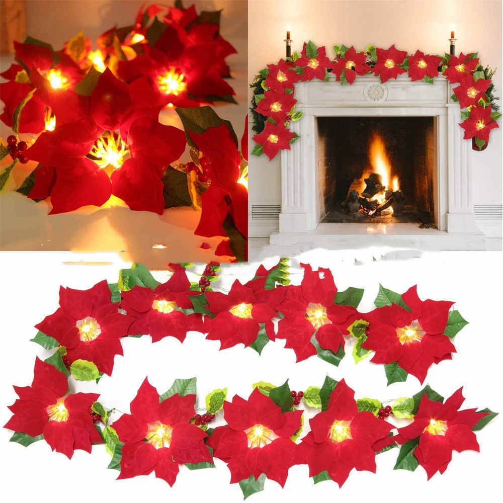 Poinsettia LED String Lights – Festive Red Flower Garland for Christmas Décor!