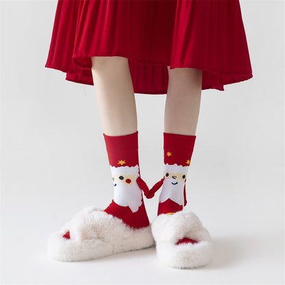 Festive Christmas Magnetic Socks – Santa Claus & Snowman Hand-Holding Socks for Couples