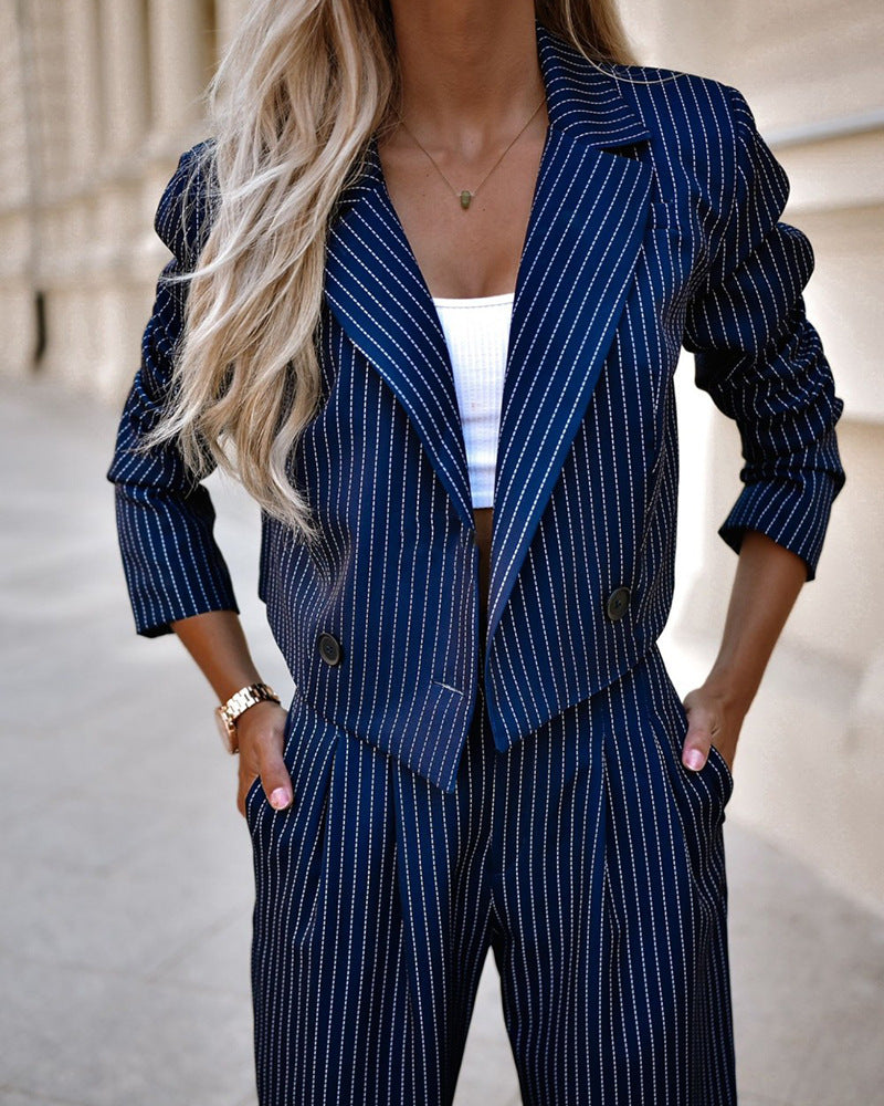 Fashion Striped Suit – Casual Lapel Cropped Top & Straight Pants Set for Women