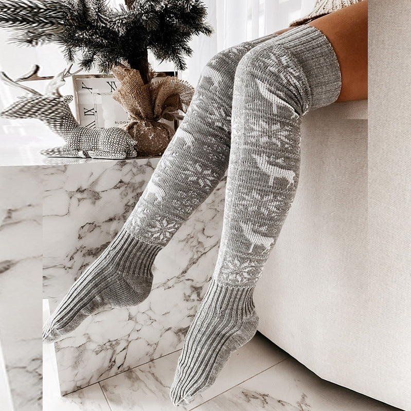 Festive Elk & Snowflake Knitted Over-the-Knee Socks – Stay Warm in Style!