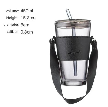 Elegant Glass Tumbler with Reusable Glass Straw & Leather Sleeve – Perfect for On-the-Go