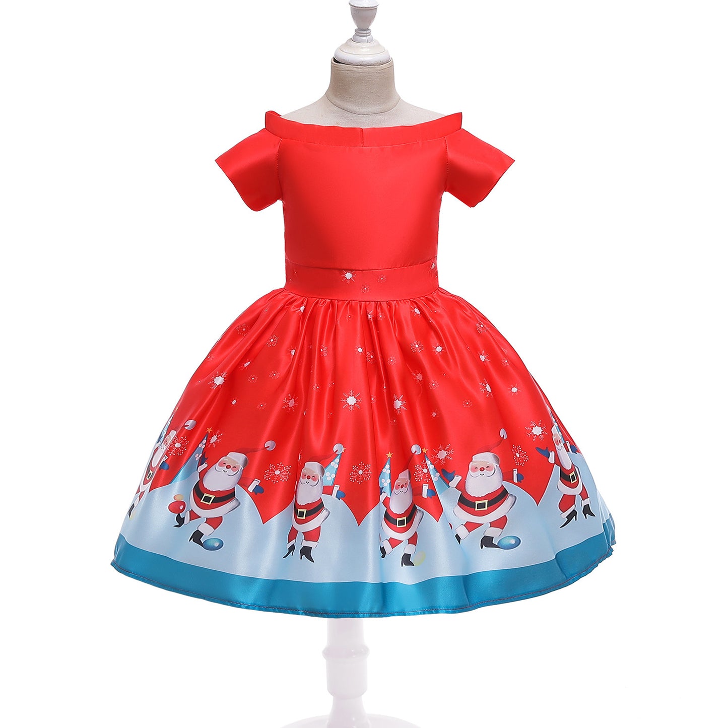 Children's Christmas Dress with Santa Print - Festive Holiday Mid-Length Skirt with Reindeer Headband