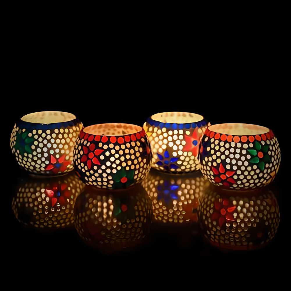 Mosaic Glass Tea Light Holders – Elegant Decorative Lights for Home & Festive Décor - Set of 4