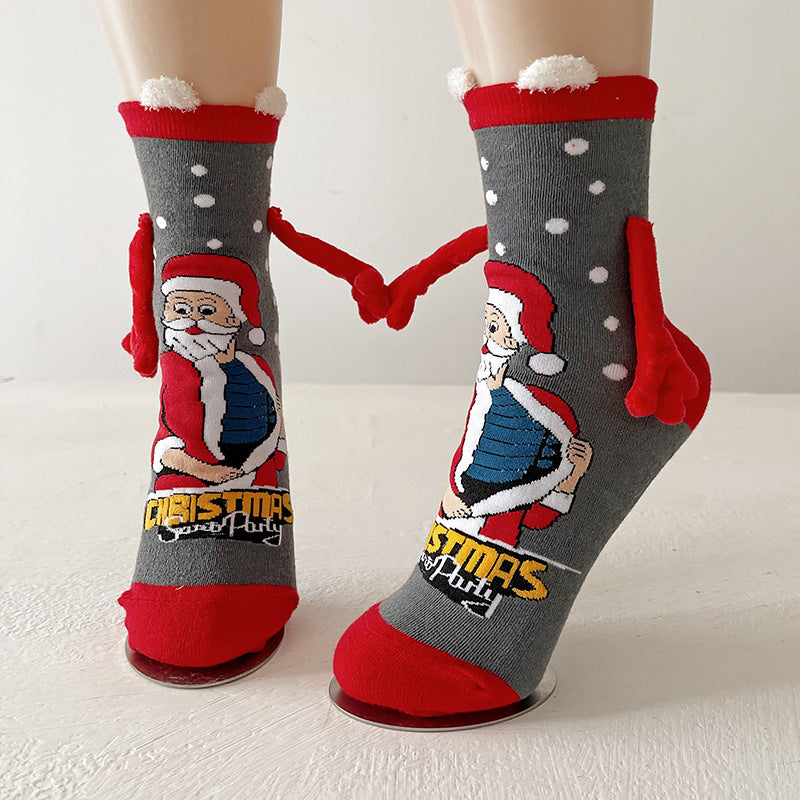 Festive Christmas Magnetic Socks – Santa Claus & Snowman Hand-Holding Socks for Couples