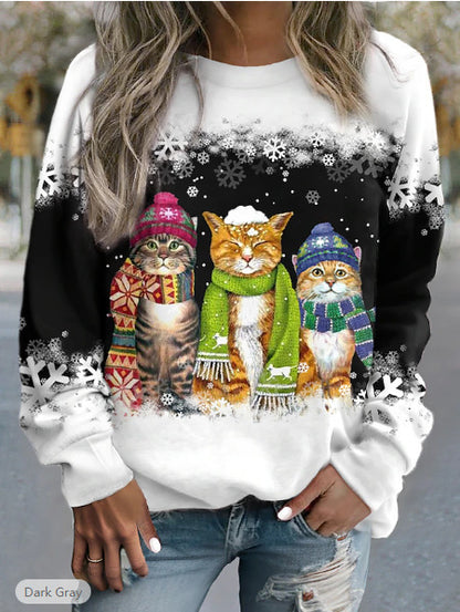 Cross-border Women's Christmas New Snowman And Cat Printed Long Sleeve Casual Loose-fitting T-shirt