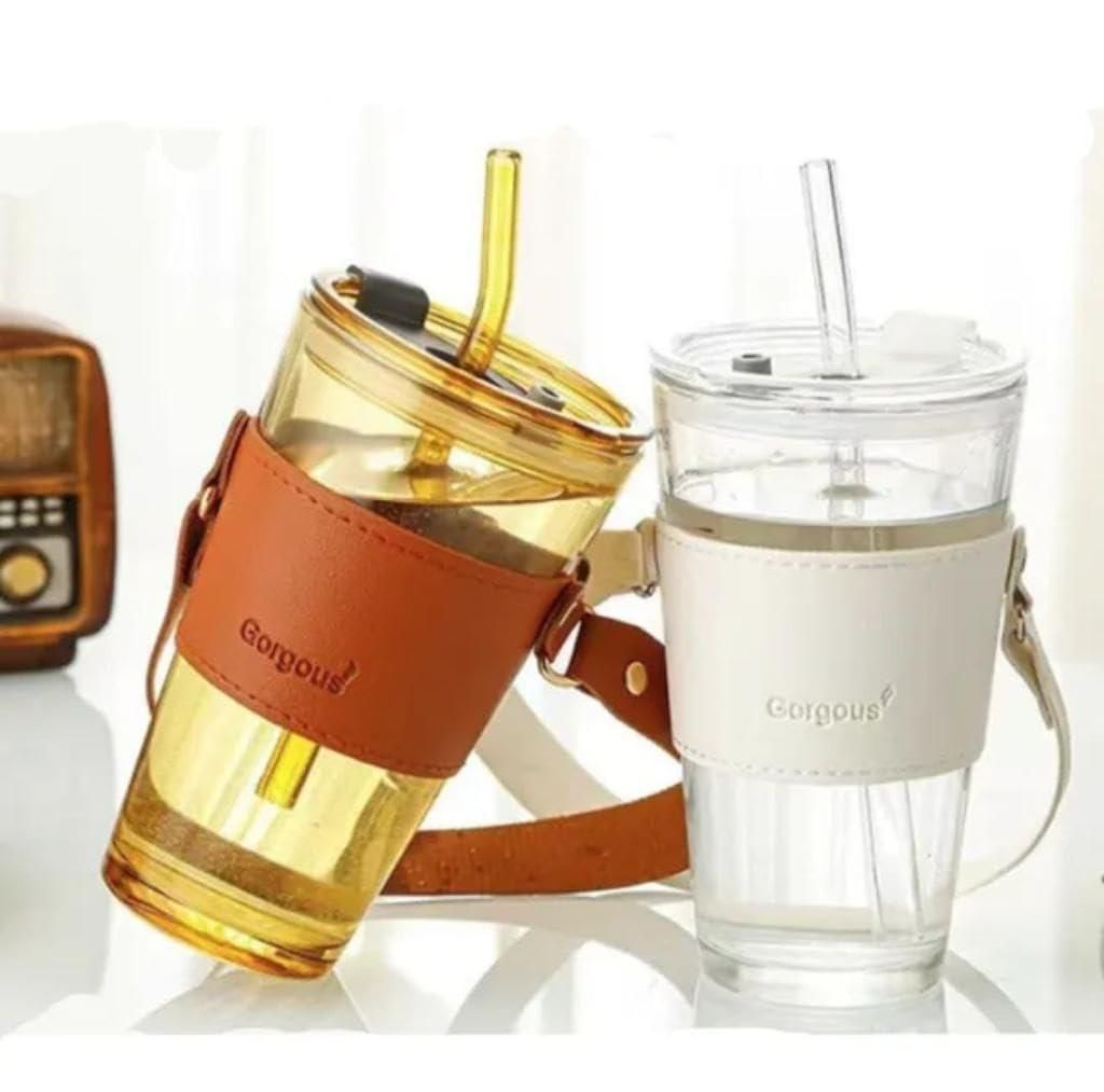 Elegant Glass Tumbler with Reusable Glass Straw & Leather Sleeve – Perfect for On-the-Go