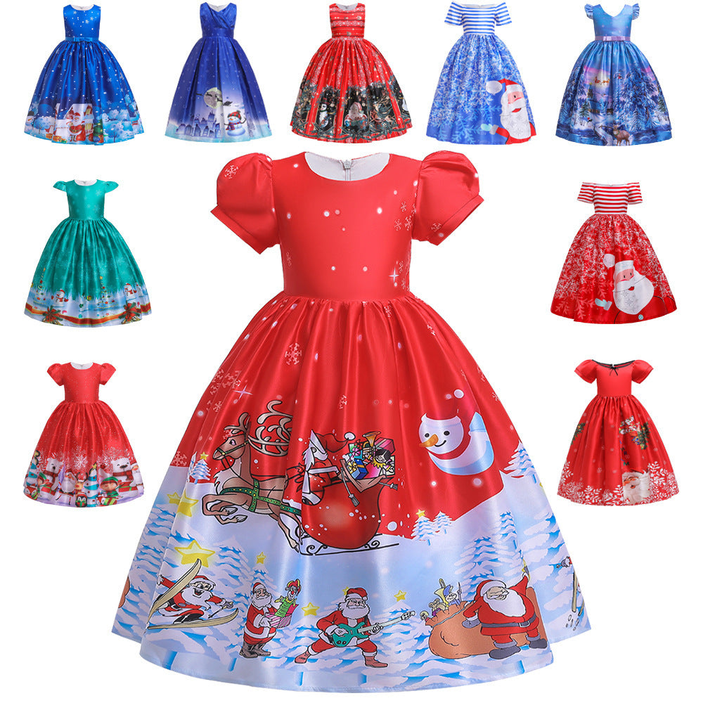 Santa Claus Print Long Dress for Girls - Holiday Charm in Every Detail