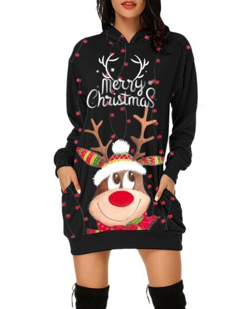 Festive Reindeer Hooded Christmas Dress - Cozy & Stylish for the Holidays!