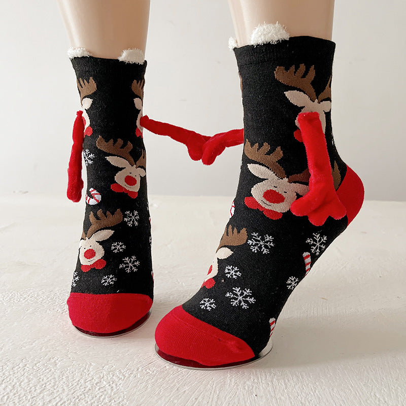 Festive Christmas Magnetic Socks – Santa Claus & Snowman Hand-Holding Socks for Couples