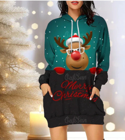 Festive Reindeer Hooded Christmas Dress - Cozy & Stylish for the Holidays!