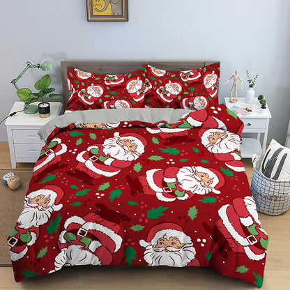 Festive Red Santa Claus Bedspread Set - Cozy Three-Piece Christmas Bedding