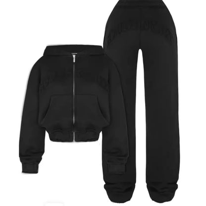 Ins Letter Sports Suit – Hooded Cropped Sweatshirt & Loose Drawstring Trousers for Women