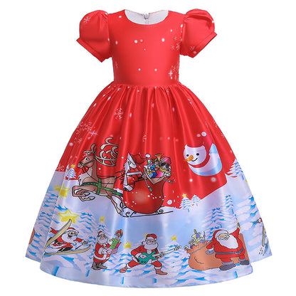 Santa Claus Print Long Dress for Girls - Holiday Charm in Every Detail