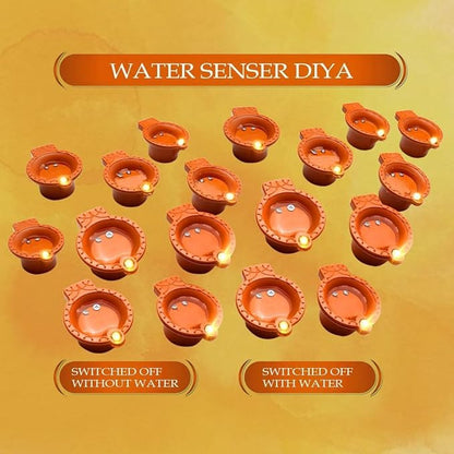 Water Sensor E-Diya – Warm Orange LED Candle Diyas for Diwali Decoration (Pack of 12)