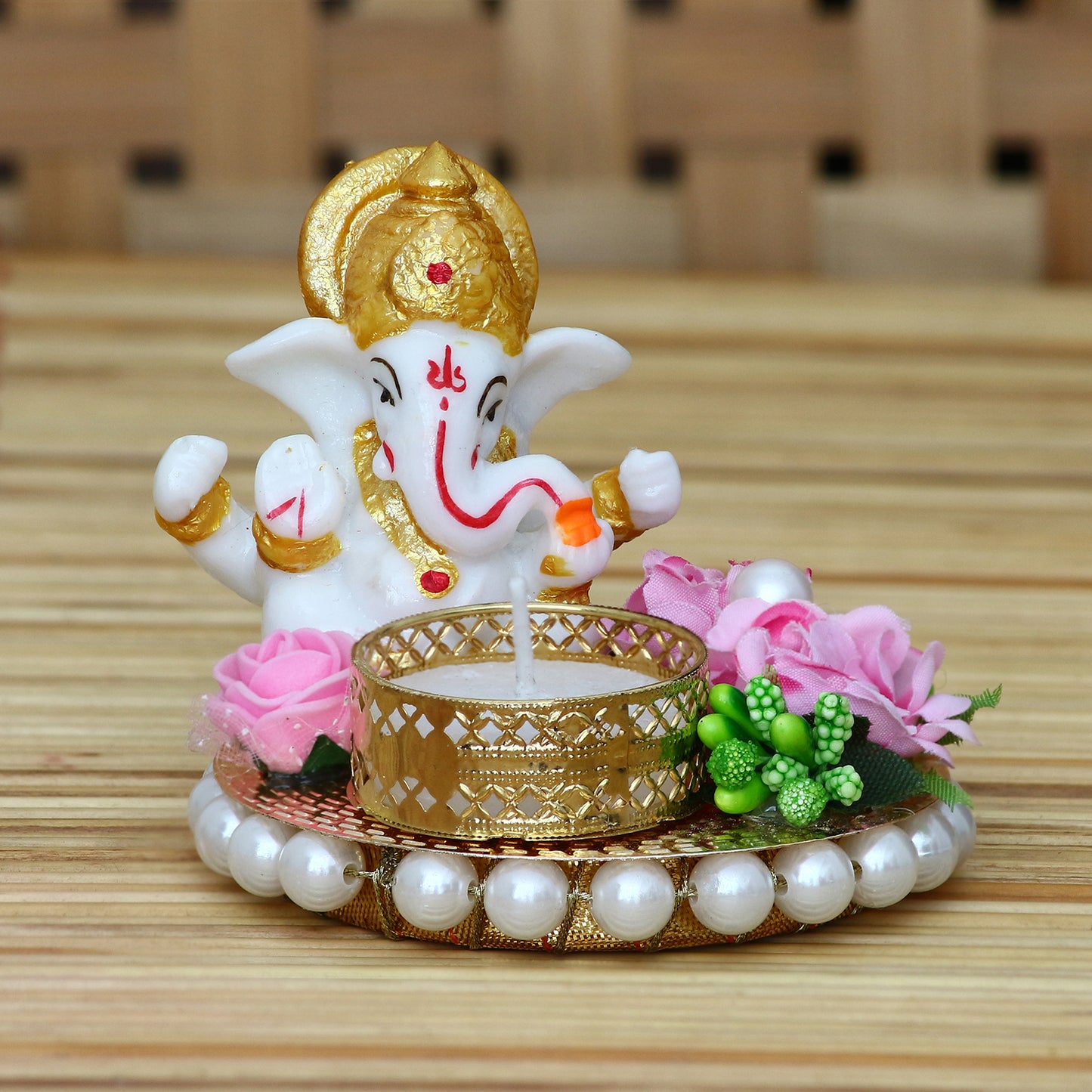 Lord Ganesha Idol with Decorative Plate & Tea Light Holder – Perfect for Festive Décor & Gifting