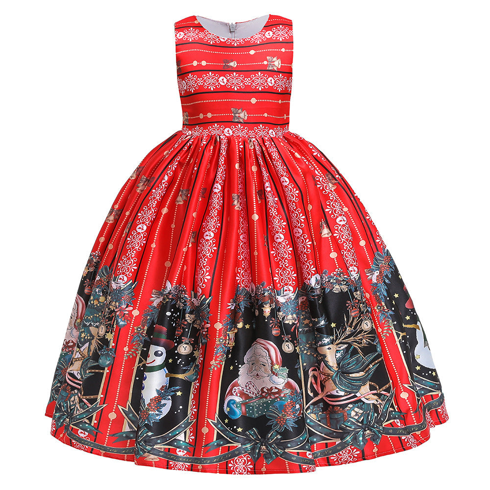 Santa Claus Print Long Dress for Girls - Holiday Charm in Every Detail