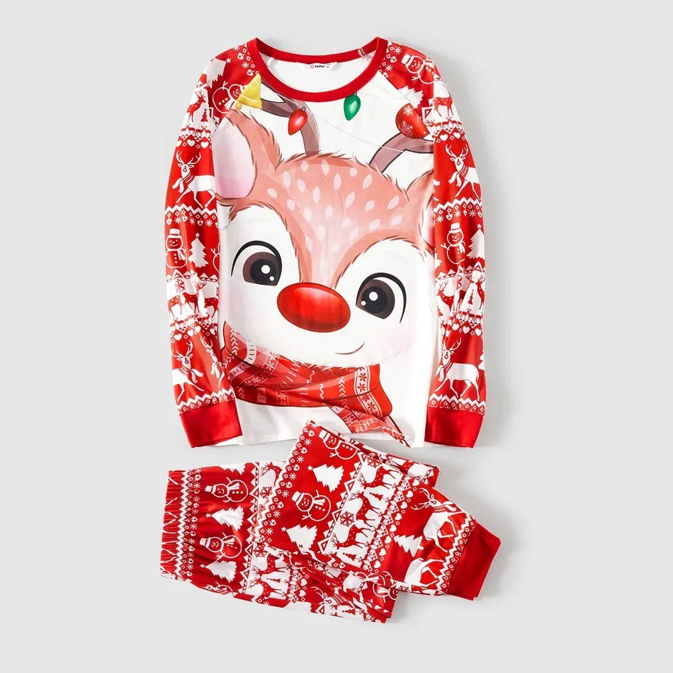 Festive Family Christmas Pajama Set - Matching Reindeer Print Home Wear for Parent and Child