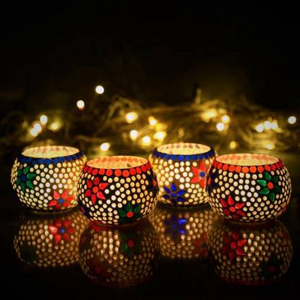 Mosaic Glass Tea Light Holders – Elegant Decorative Lights for Home & Festive Décor - Set of 4