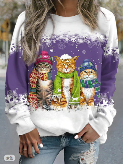 Cross-border Women's Christmas New Snowman And Cat Printed Long Sleeve Casual Loose-fitting T-shirt