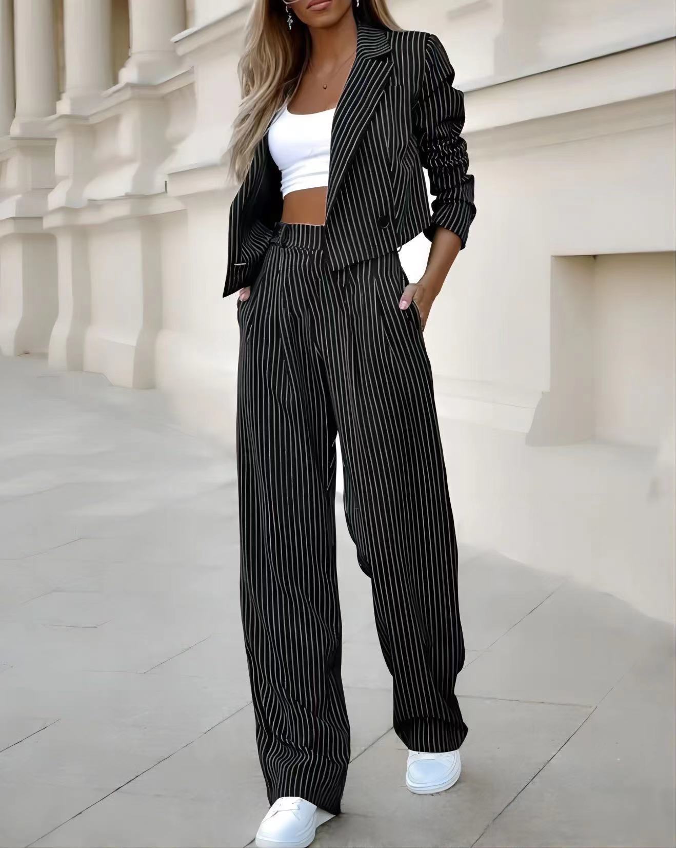 Fashion Striped Suit – Casual Lapel Cropped Top & Straight Pants Set for Women