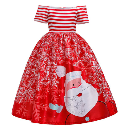 Santa Claus Print Long Dress for Girls - Holiday Charm in Every Detail