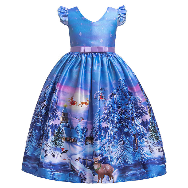 Santa Claus Print Long Dress for Girls - Holiday Charm in Every Detail