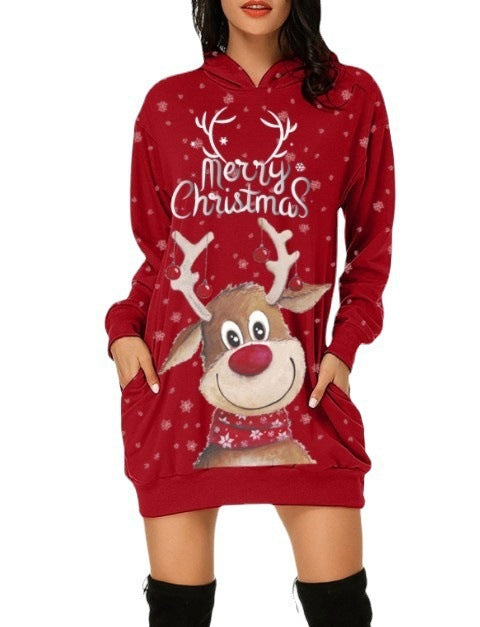 Festive Reindeer Hooded Christmas Dress - Cozy & Stylish for the Holidays!