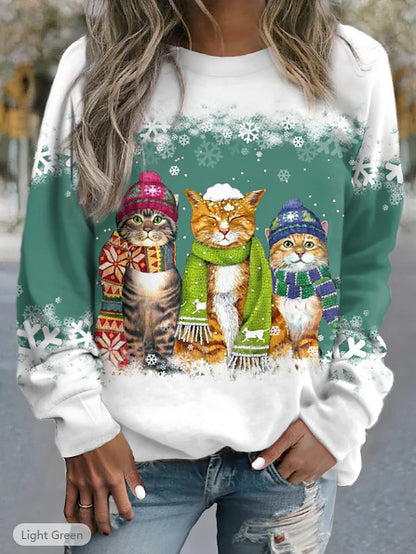 Cross-border Women's Christmas New Snowman And Cat Printed Long Sleeve Casual Loose-fitting T-shirt