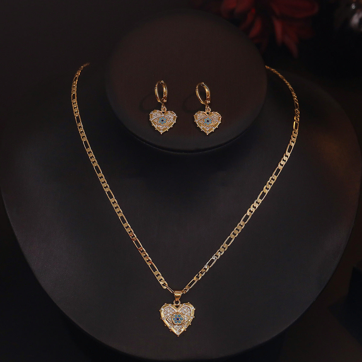 Heart-Shaped Zircon Pendant Necklace and Earrings Set – Copper Plated with Real Gold Finish for a Timeless, Elegant Look