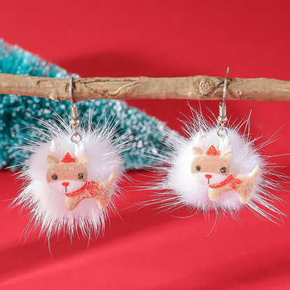 Winter Snowflake Hair Ball Earrings - Cute Christmas Santa & Snowman Designs