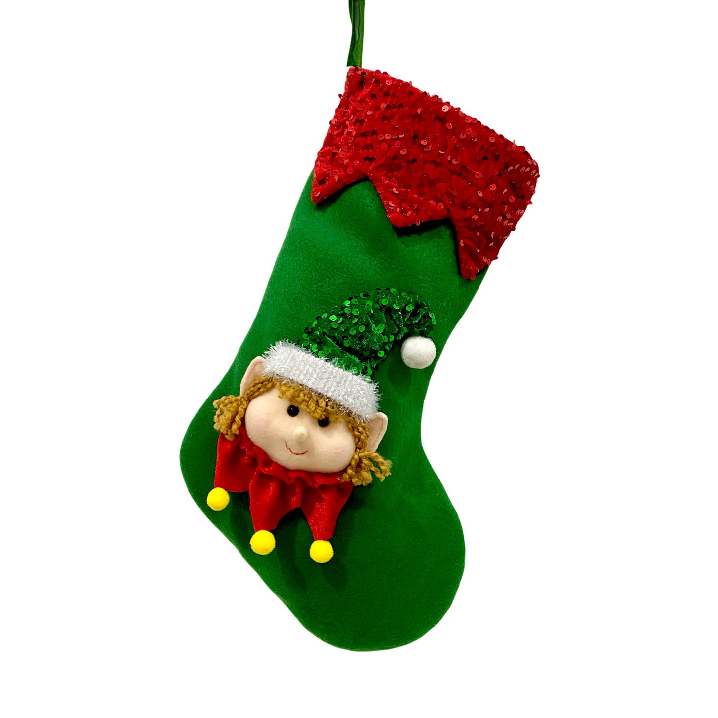 Playful Christmas Elf Stocking with Sequin Trim – Holiday Fun for All Ages