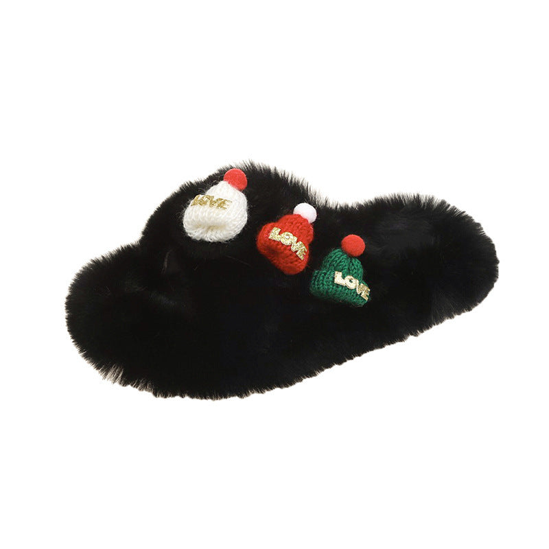 Christmas Fluffy Slippers for Women – Cozy Holiday-Themed Indoor Slippers with Cute Hat Charms