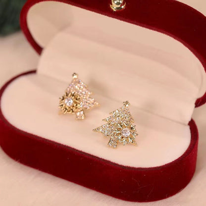 Sparkling Christmas Tree Earrings with Snowflake Accents – Festive Rotatable Studs