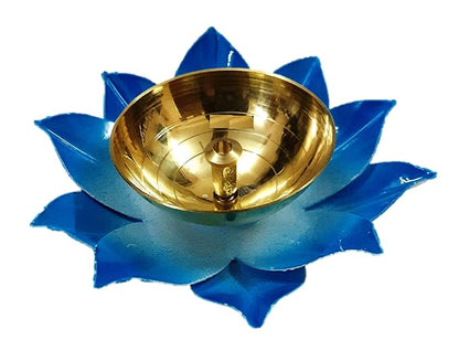 Elegant Brass Flower Shaped Blue Oil Lamp Diya – Illuminate Your Space with Timeless Charm (Pack of 2)