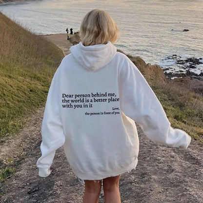 "Dear Person Behind Me" Letter Printed Plush Hoodie | Trendy Unisex Kangaroo Pocket Hoodie