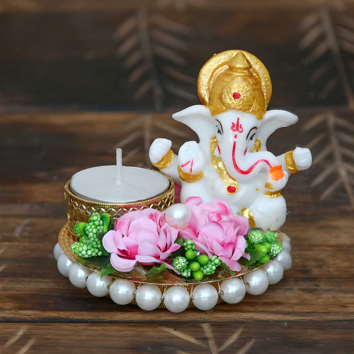 Lord Ganesha Idol with Decorative Plate & Tea Light Holder – Perfect for Festive Décor & Gifting