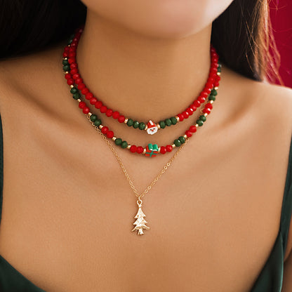 Festive Beaded Christmas Necklace Set – Holiday Charm with Snowman & Crystal Accents