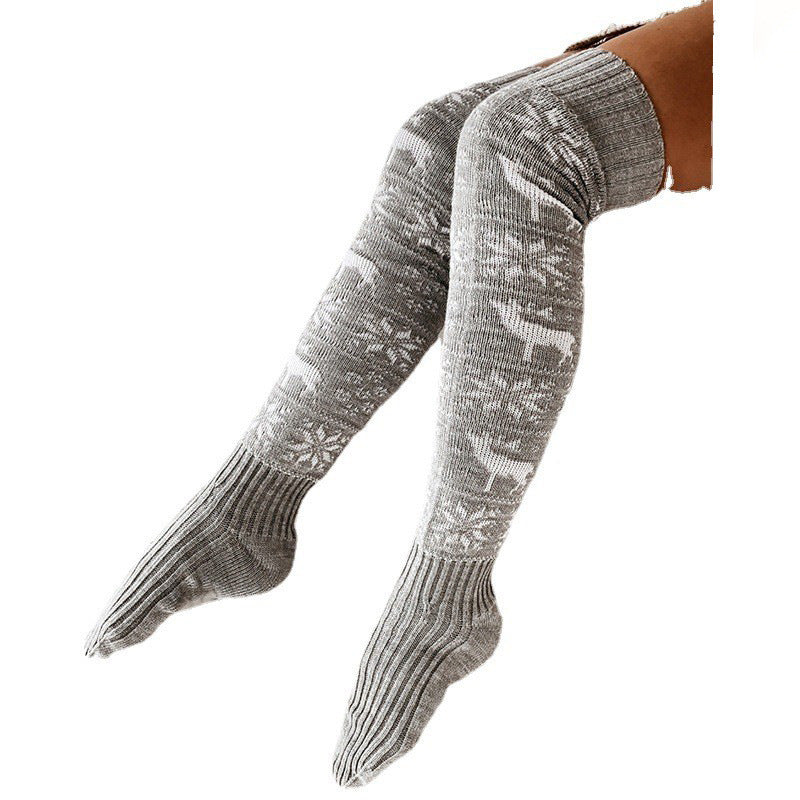 Festive Elk & Snowflake Knitted Over-the-Knee Socks – Stay Warm in Style!