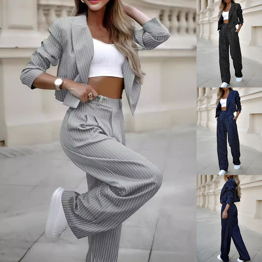 Fashion Striped Suit – Casual Lapel Cropped Top & Straight Pants Set for Women