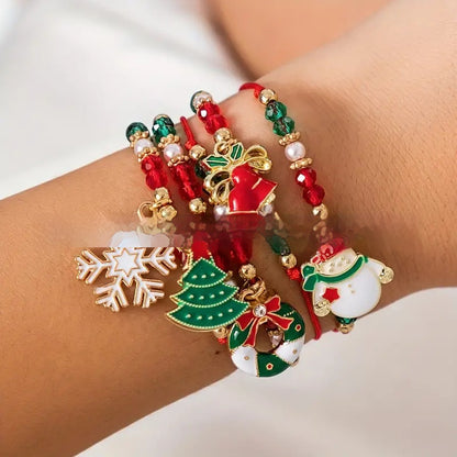 Festive Handmade Christmas Charm Bracelet Set – Beaded Holiday Joy with Snowman & Christmas Tree Charms