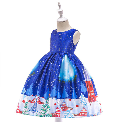 Children's Christmas Dress with Santa Print - Festive Holiday Mid-Length Skirt with Reindeer Headband