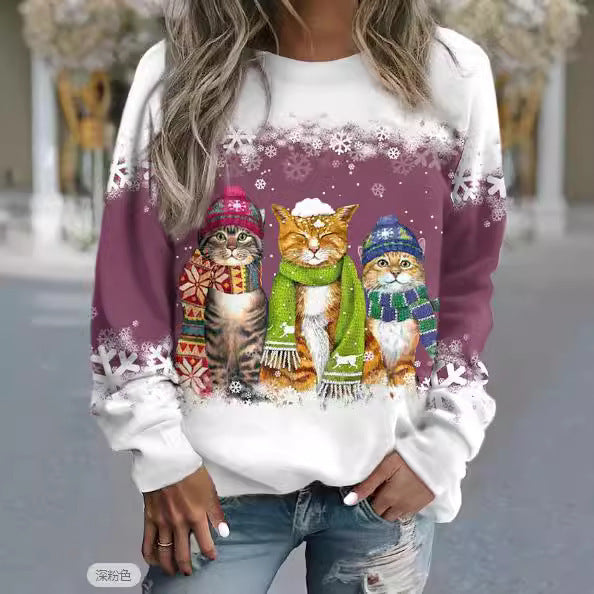 Cross-border Women's Christmas New Snowman And Cat Printed Long Sleeve Casual Loose-fitting T-shirt